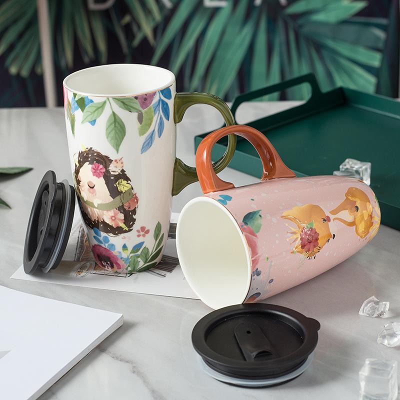 Creative Cartoon Ceramic Cup Large Capacity Drinking Cup with Lid Home Office Coffee Cup High value Couple Mug