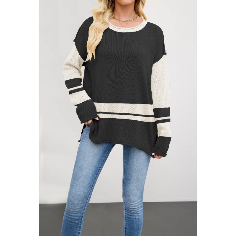 Women's Fashion Casual Fall Winter Colour Block Print Long Sleeve O-Neck Tops Women's Clothing Woolen Knitwear Sweaters