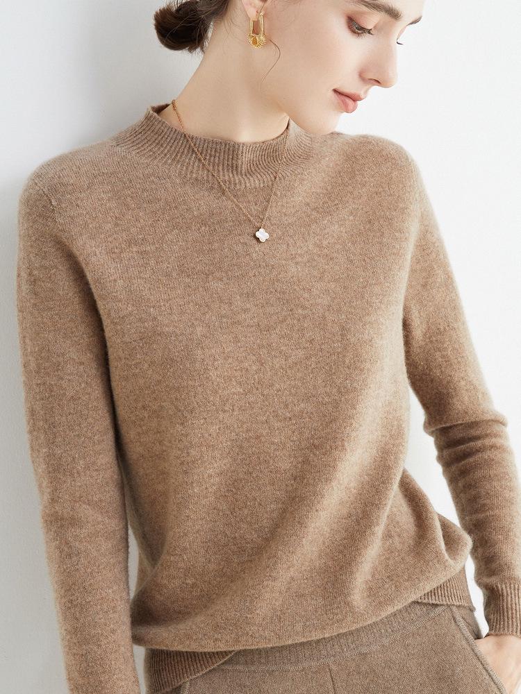 Women's Slim-Fit Autumn Sweater: Fashionable Half-High Neck, Versatile Pure Wool for Base Layer or Outerwear, Skin-Friendly