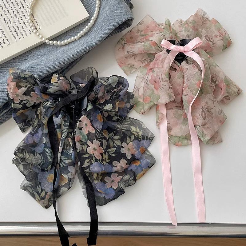 French Vintage Floral Bow Fluttering Band Grasp Clip Women Elegant Temperament Pan Hair Shark Clip Girls Hair Accessories