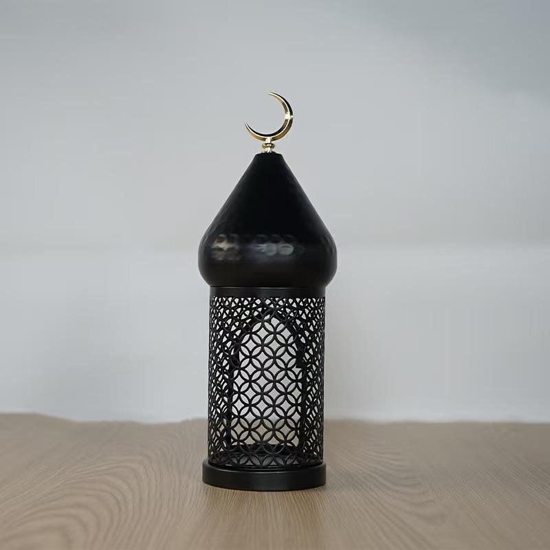 Ramadan Kareem Crescent Dome Lantern Candle Holder Black Metal Islamic Decoration Eid Mubarak Celebration Home Decor