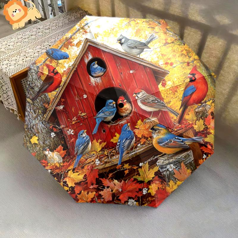 1 PC Automatic Folding Umbrella - Autumn Birdhouse Birds Pattern, Portable & Foldable Design with 8 Ribs, Christmas Birthday Gifts