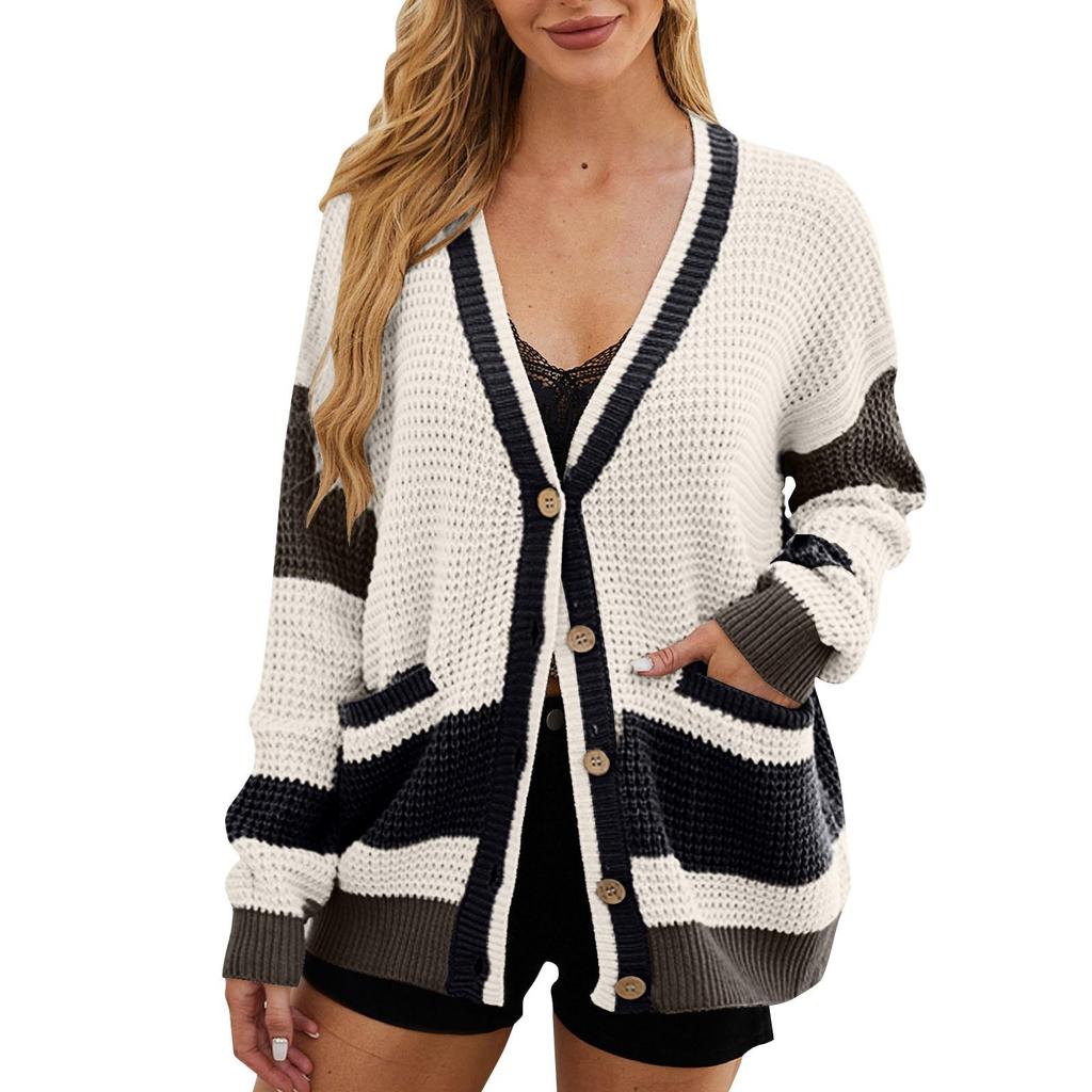 Women's Casual Knitted Jacket Pocket Color Blocked Cardigan Sweater  Loose Jacket