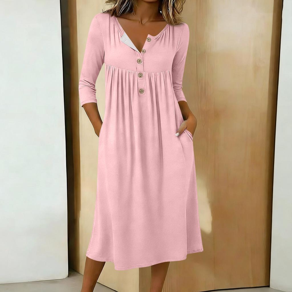 Damen Lässiges Midikleid mit 3/4 Ärmeln und Knöpfen