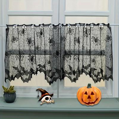 Gothic Black Lace Spider Halloween Curtain -Transparent Cafe Layer with Creepy Spider Web & Realistic Spider Trim, Hand Washable