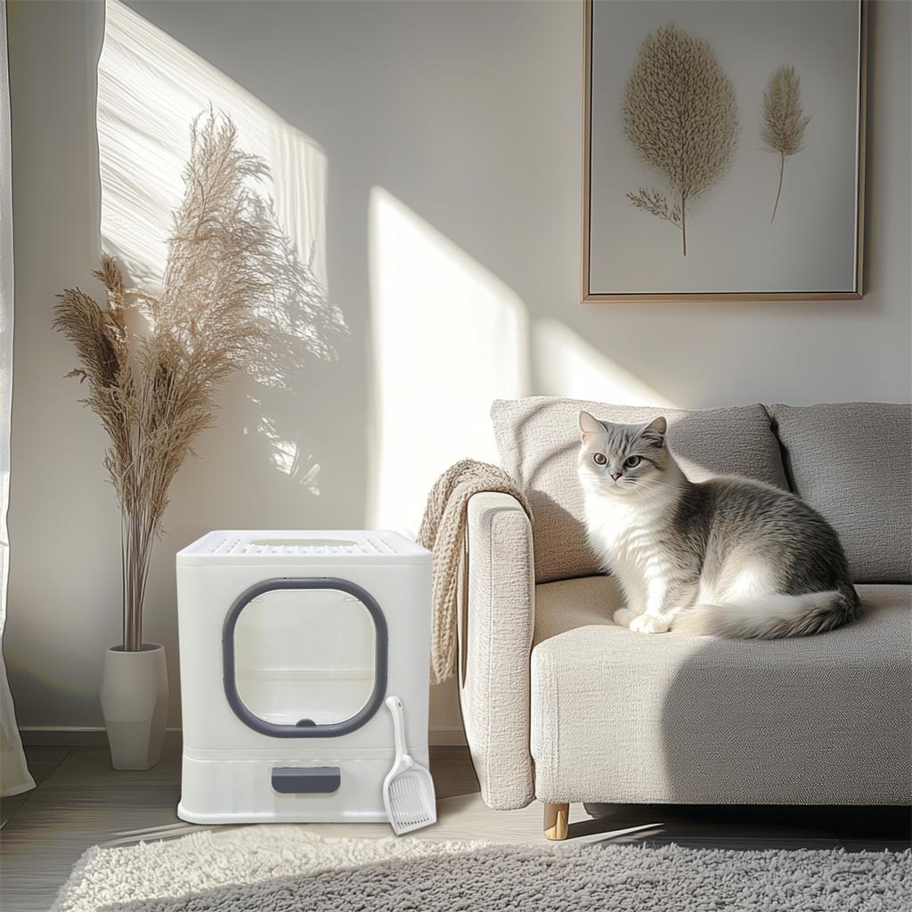 Cat Litter Box with Drawer,Enclosed Plastic Litter Box for Cat with Lid and Scoop,Front & Top Doors,Acrylic Window Little Box
