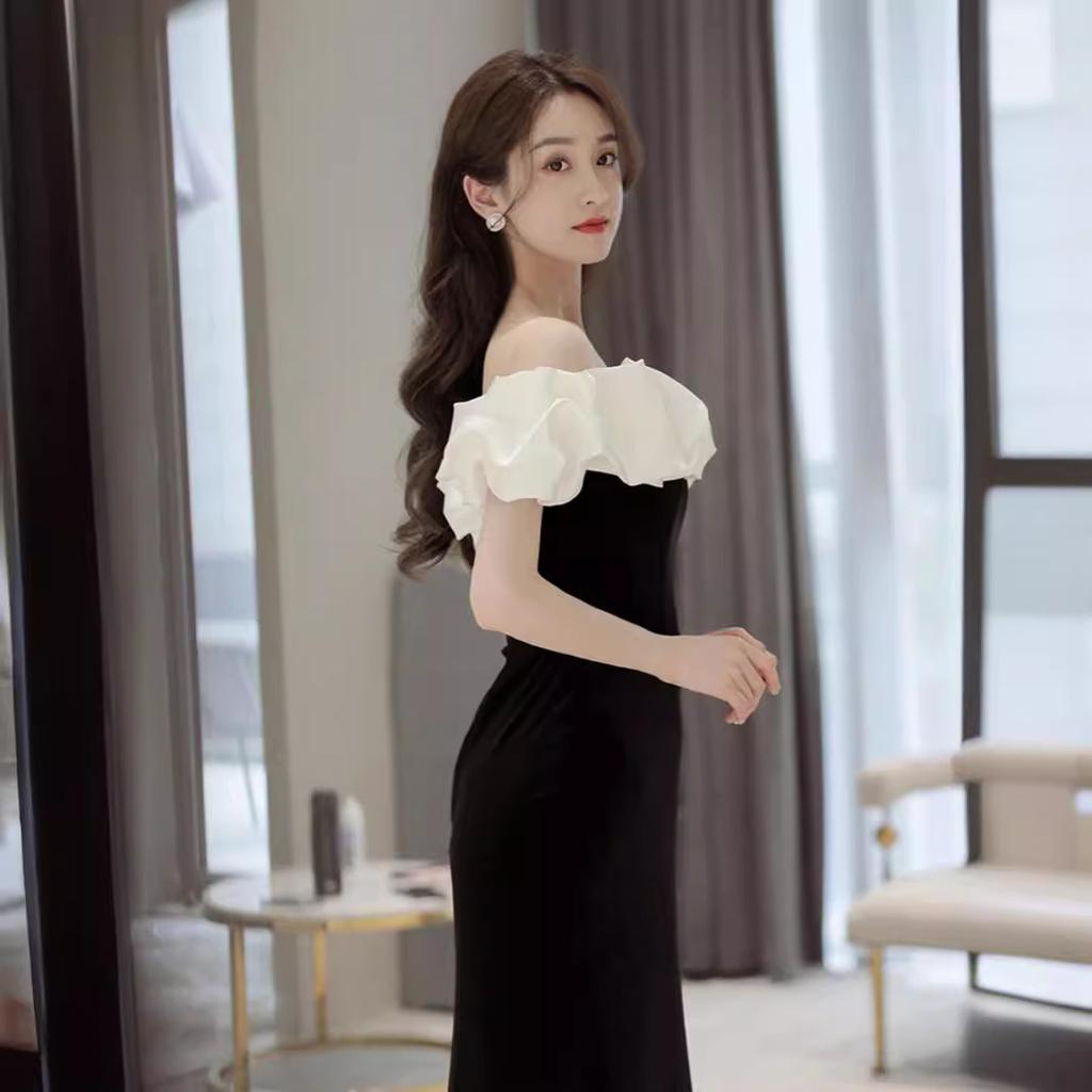 French Black Evening Dress One-word Shoulder High-end Temperament Thin Celebrity Bar Mitzvah Fish Tail Long Dress Women