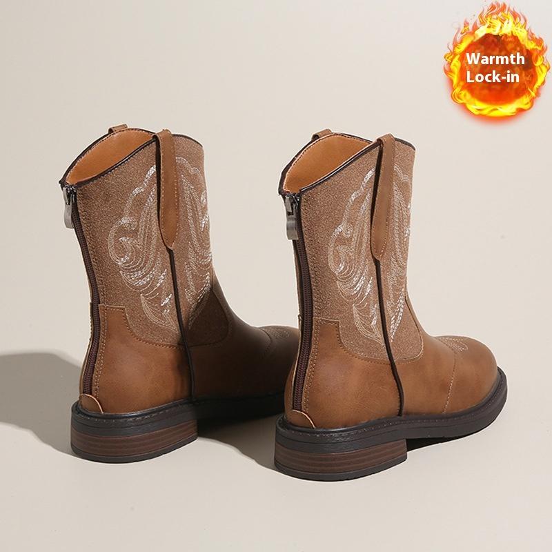 Retro Embroidered Western Cowboy Boots for Women Autumn and Winter Round Toe Low-heeled Boots with Zipper