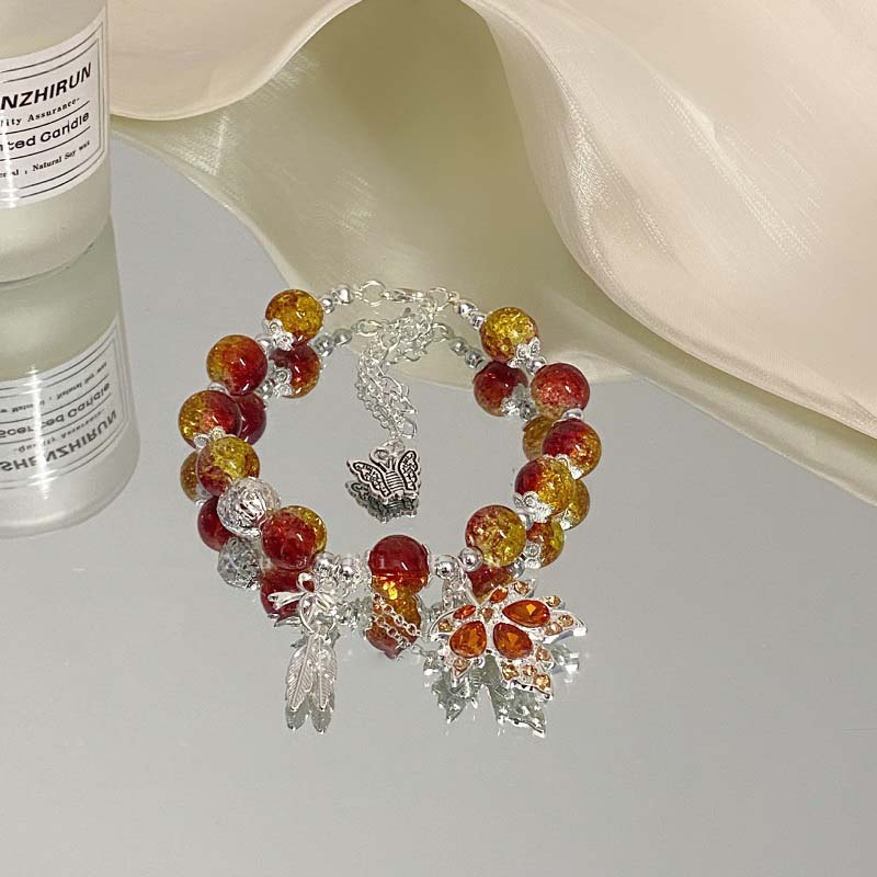 New Trendy Red Crystal Beaded Maple Leaf Bracelet for Women Fashion Butterfly Feather Pendant Bracelet Friendship Zircon Gift