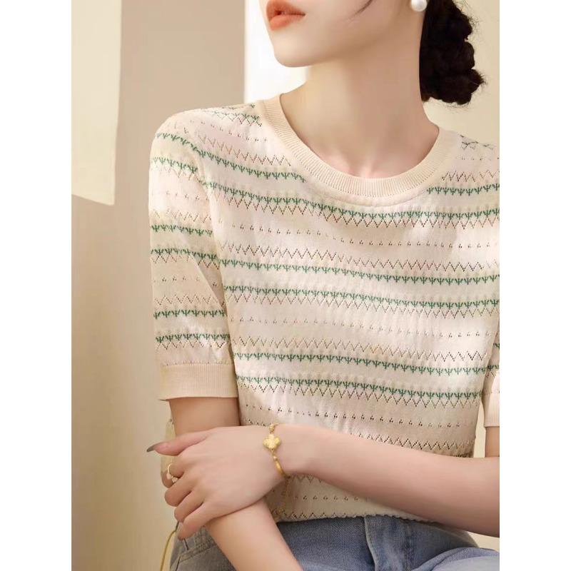 Summer Women's Knitted T-shirt Round Neck Loose Hollow Top Women's Ice Silk Knitted Base Shirt