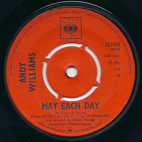 

7inch Record ANDY WILLIAMS May Each Day 202042 CBS 1966 UK Jazz Used
