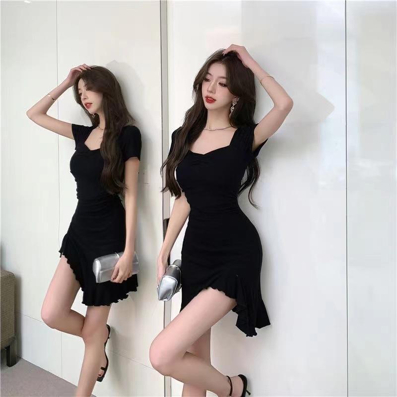 Square collar ruffle edge dress slim and thin temperament socialite pure desire irregular spice girl sexy little black dress summer