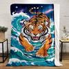 Fierce Tiger On Ocean Waves Flannel Blanket for Bedroom Living Room Sofa and Nap