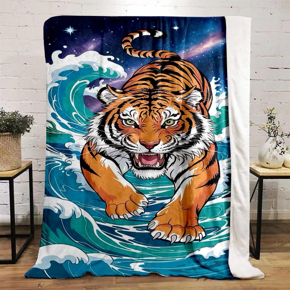 Fierce Tiger On Ocean Waves Flannel Blanket for Bedroom Living Room Sofa and Nap