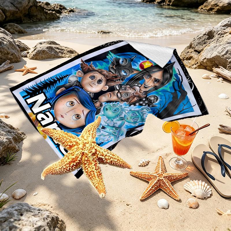 Custom Name Personalized Coraline Print Beach Towel, for Trip Camping Beach Party Home Decor, Birthday Gift for Family & Friends