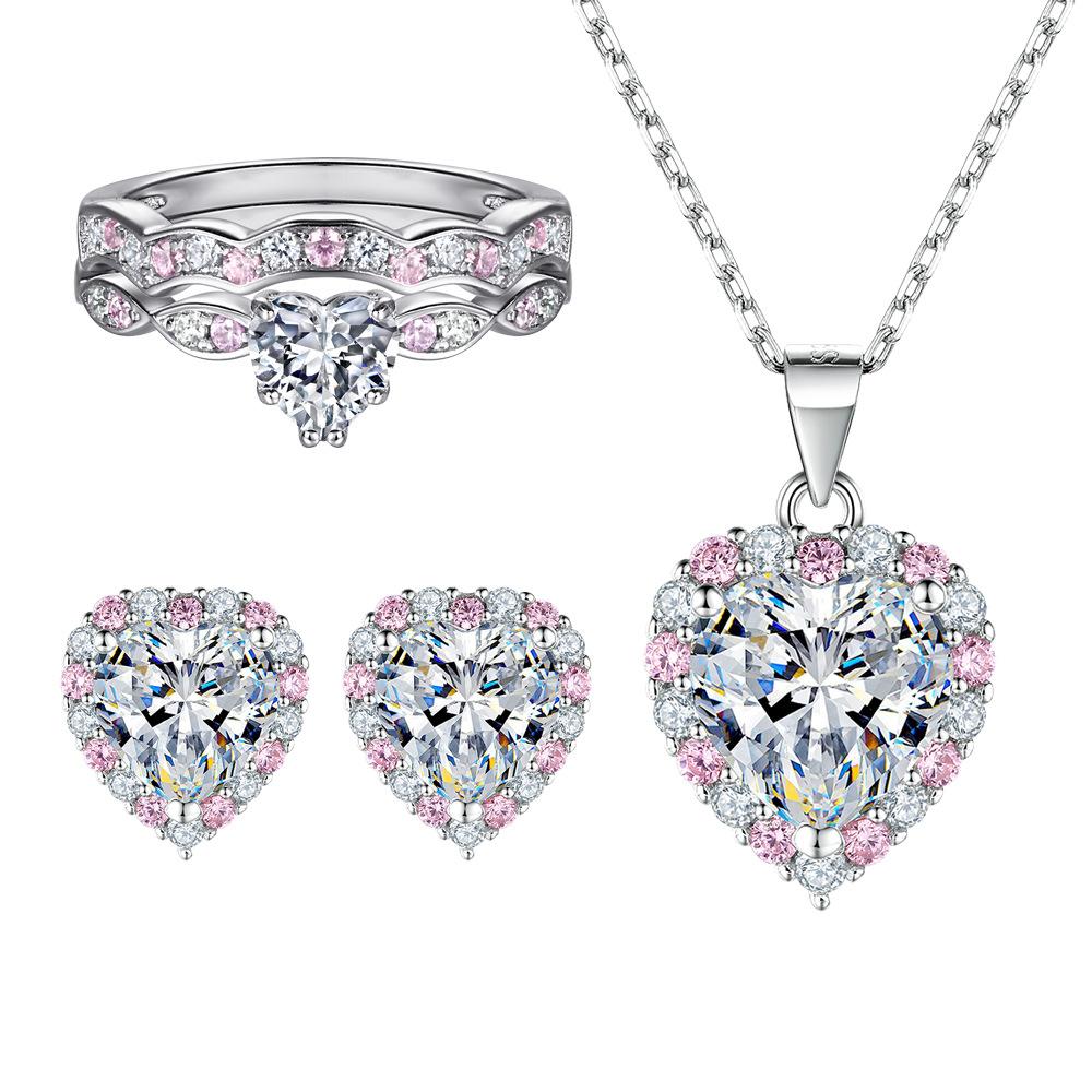 Love Jewelry Set 3-piece Set European and American 925 Sterling Silver Ring Pink Diamond Set Ring Heart-shaped Zircon Stud Earrings Niche Necklace