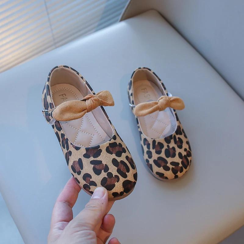 Girls Mary Janes Leopard Prints Style Fashion Princess Kids Leather Shoes with Bow-knot Sweet Chic 2025 Spring Autumn Brand New