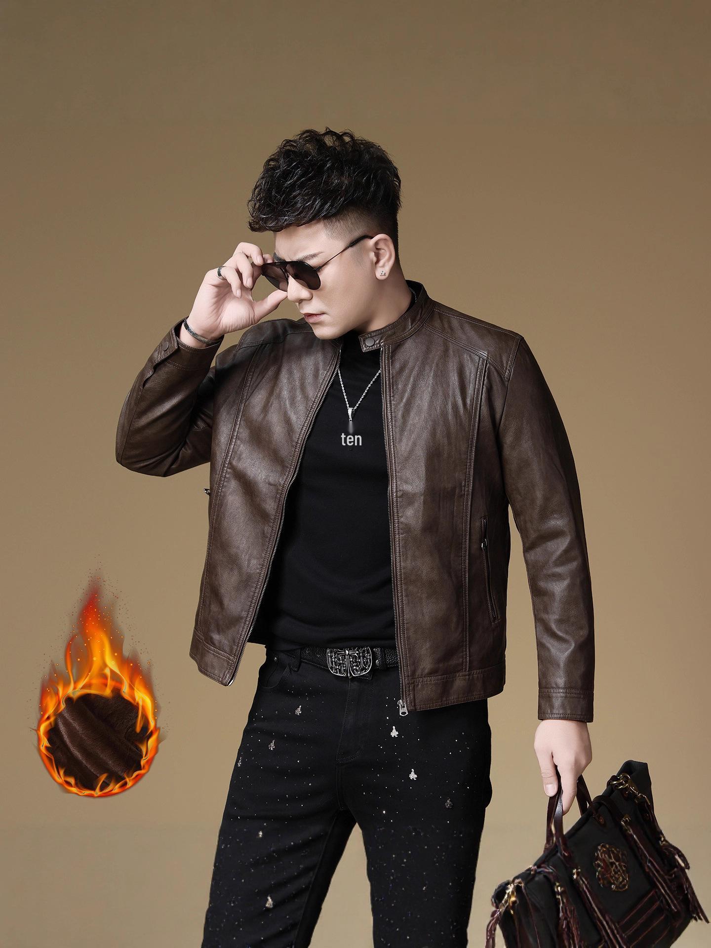 

Autumn/Winter 2025 Men s Stand Collar Stylish Motorcycle Fleece Leather Jacket (Item #5013) XXL кавовий