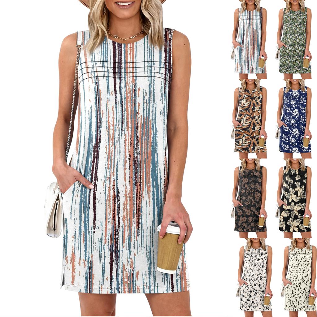 Damen lässiges A-Linien-Kleid mit Print, lockerer Passform, ärmellos und mit geschlitztem Saum