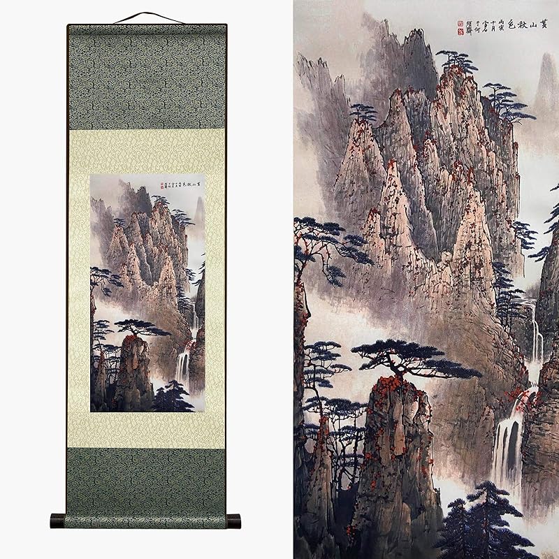 AtfArt Asian Wall Decor - Beautiful Silk Scroll Painting of Waterfall River Landscape - Mountain Spring Autumn Color Oriental Decor Chinese Art Wall