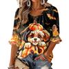 Women's Halloween Print Three-Quarter Sleeve Round Neck Blouse with Tie Front and Ruffle Hem