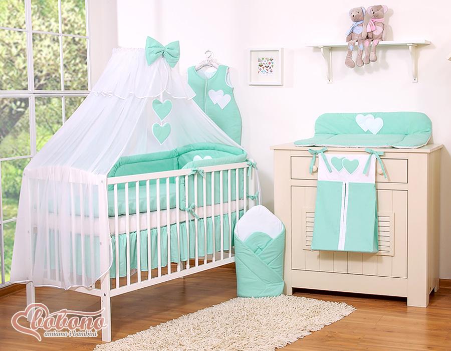 Large Mosquito Net for a Baby Cot Made of White Chiffon with Hearts and a Bow - Mint