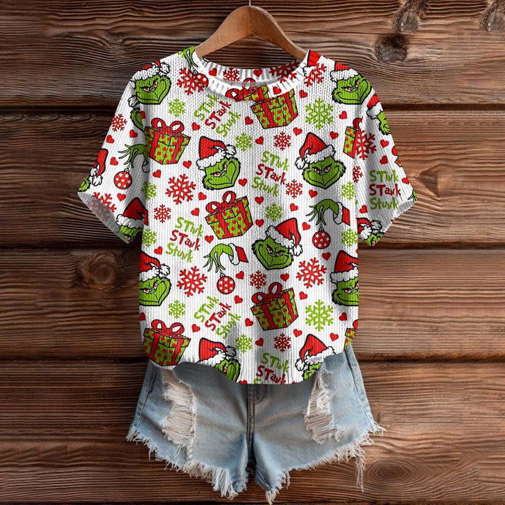 Women's Cute Sweater Knitted Fashion Casual Round-neck Short-sleeved  Cozy Print Top