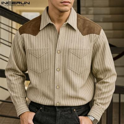 S-5XL Herren Hemden mit Reverskragen, langen Ärmeln, Patchwork-Streifenmuster und Knöpfen
