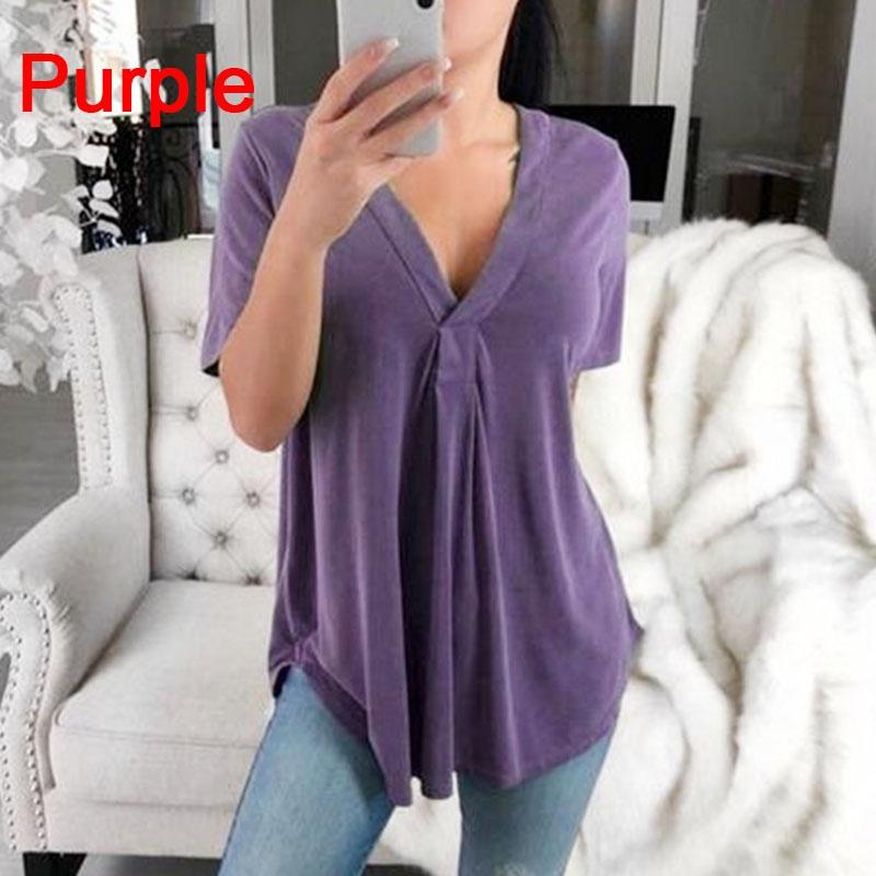 Summer Sexy Women Fashion Casual Loose Tops Casual T-Shirt Summer V-Neck Solid Color Plus Size Short Sleeve Blouse