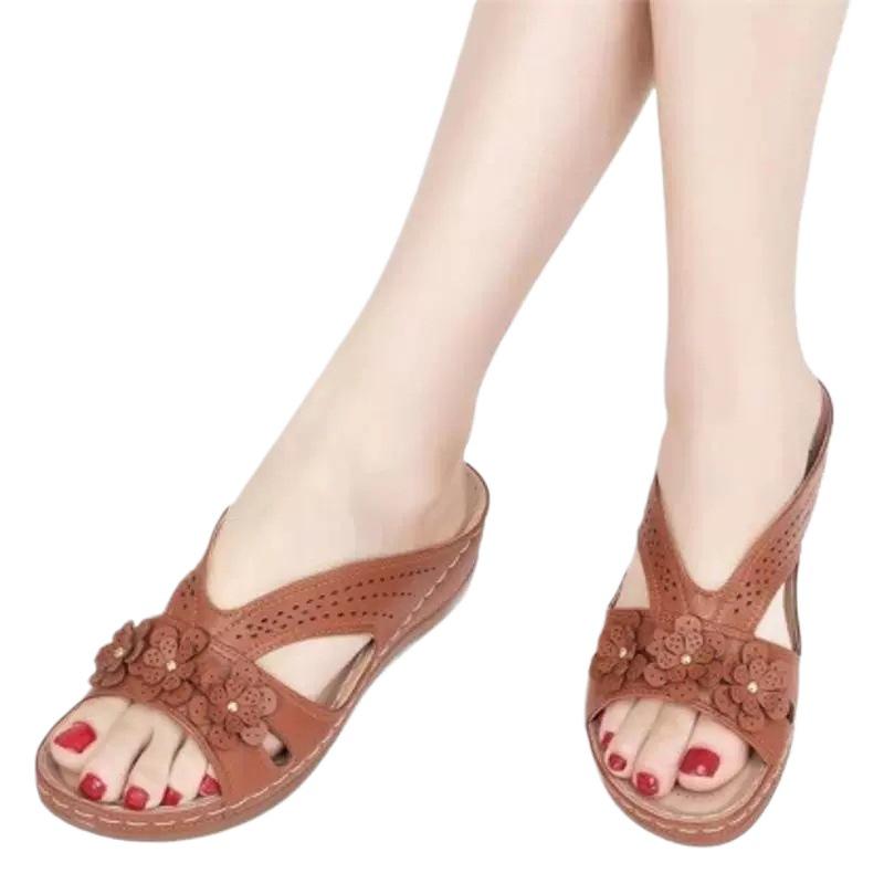European & American Retro Floral Wedge Heel Plus Size Sandals & Slippers - 2025 Casual Beach One-Strap Design