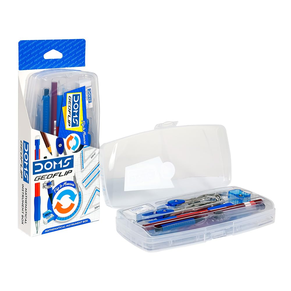 DOMS GeoFlip Geometry Box with Math Instruments, Flip Compartment, Mechanical Pencil & Extra Leads for School Drawing