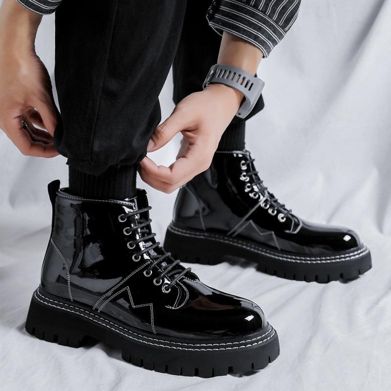Botas de plataforma masculinas de lazer pretas tendência sapatos de couro envernizado festa baile vestido bota de tornozelo cowboy primavera outono cano curto botas hombre