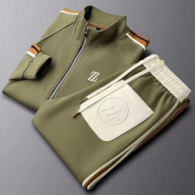 Men's Green Stand-Up Collar Sportswear Set - Long Sleeve, Casual & Versatile, Two-Piece for Autumn.