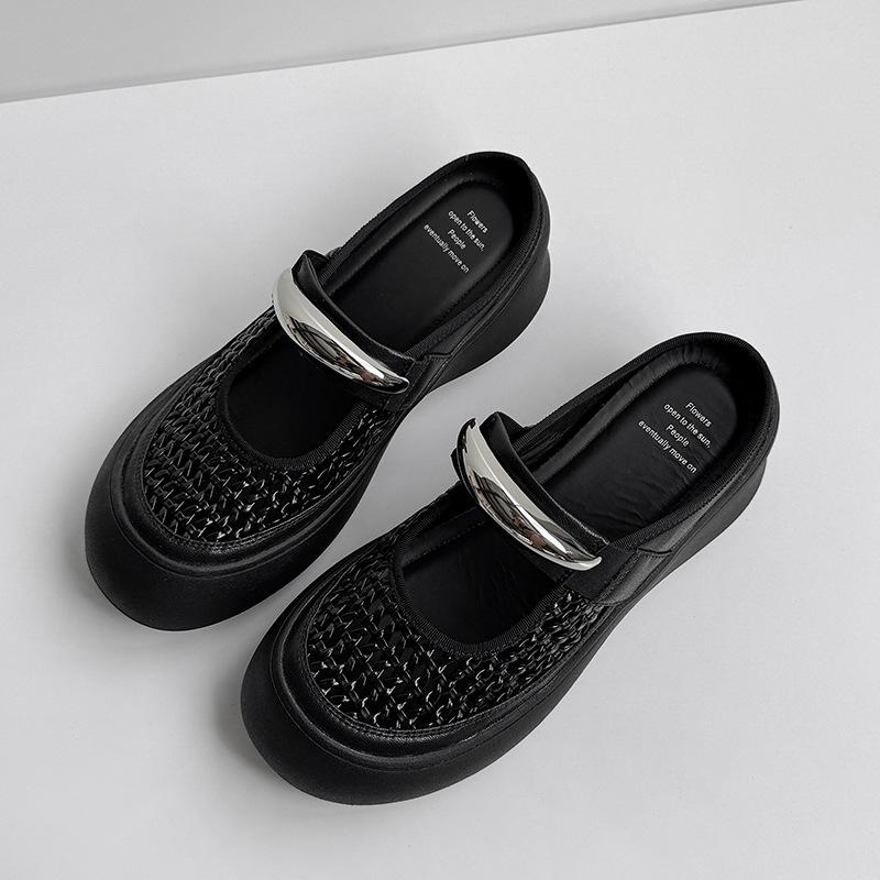 

Hollow woven breathable mesh shoes 2025 spring and summer new versatile slippers thick sole heightening shallow mouth Mary Jane sandals 39 чёрный