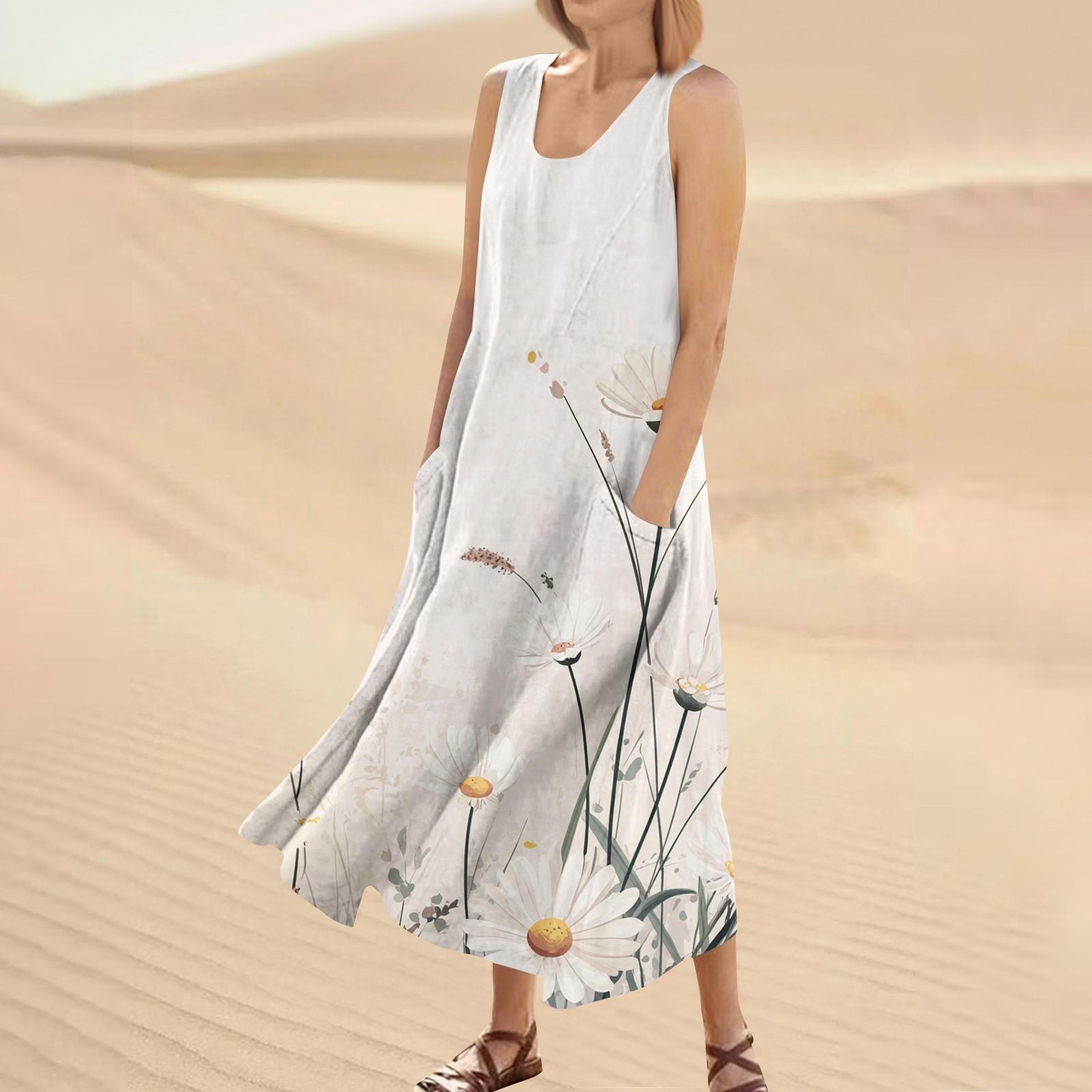 

Women s Fashion Casual Colour Sleeveless Cotton Linen Pocket Dress S хакі
