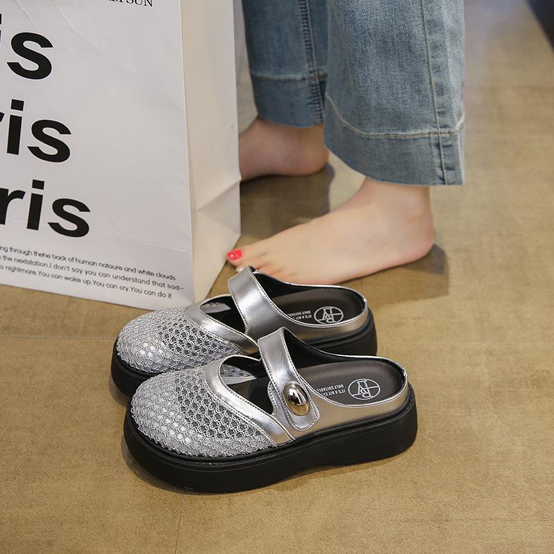 Thick-soled bag head half slippers women's 2025 new hole sandals summer women's shoes heightening breathable hollow mesh slippers