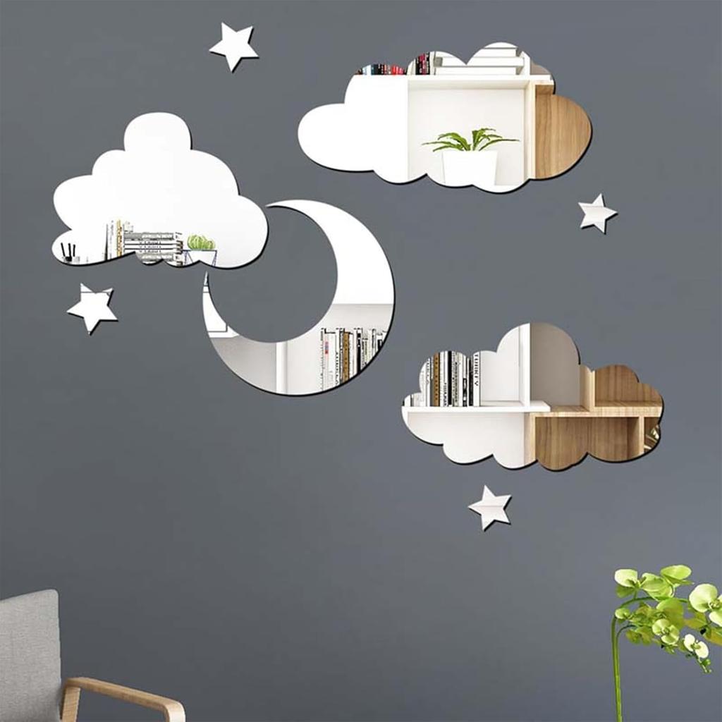 3D Moon Cloud Mirror Wall Decor Acrylic Mirror Wall Stickers Self Adhesive Decorative Moon Star Cloud Wall Decals for Baby Kids Children's Living Room