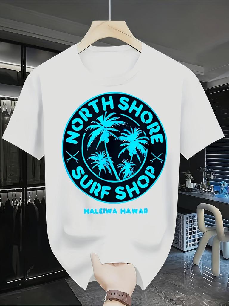 North Shore Surf Print T-Shirt - The phrase NORTH SHORE SURF SHOP with a circular wave emblem, fea