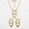 Trendy Gold White Resin Stone Jewelry Set Oval Pendant Herringbone Necklace & Drop Earrings For Women Daily & Bridal Wear