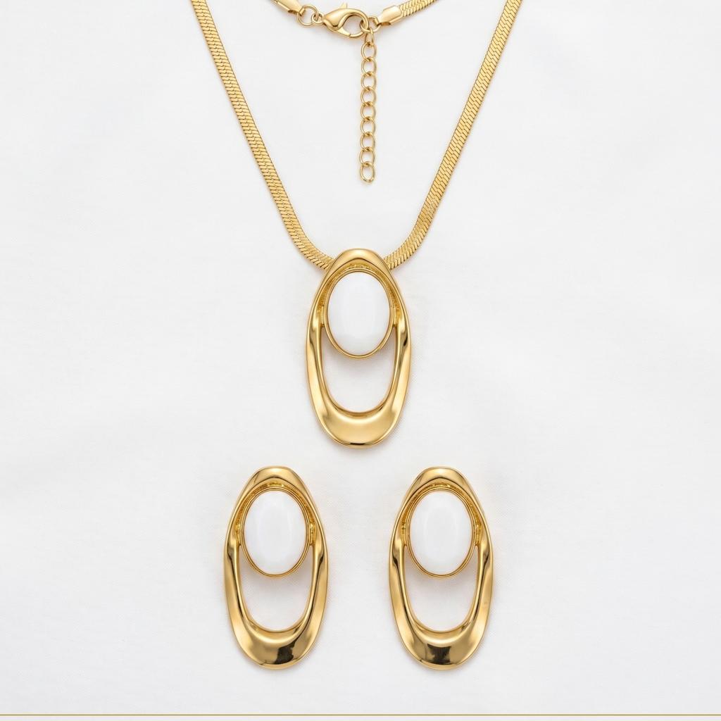 Trendy Gold White Resin Stone Jewelry Set Oval Pendant Herringbone Necklace & Drop Earrings For Women Daily & Bridal Wear