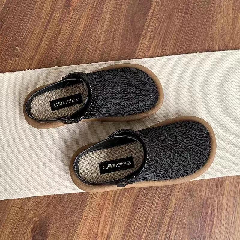 Summer Women Linen Sandals One Shoe for Women Half Slippers Breathable Mesh and One Pedal Hole Shoes