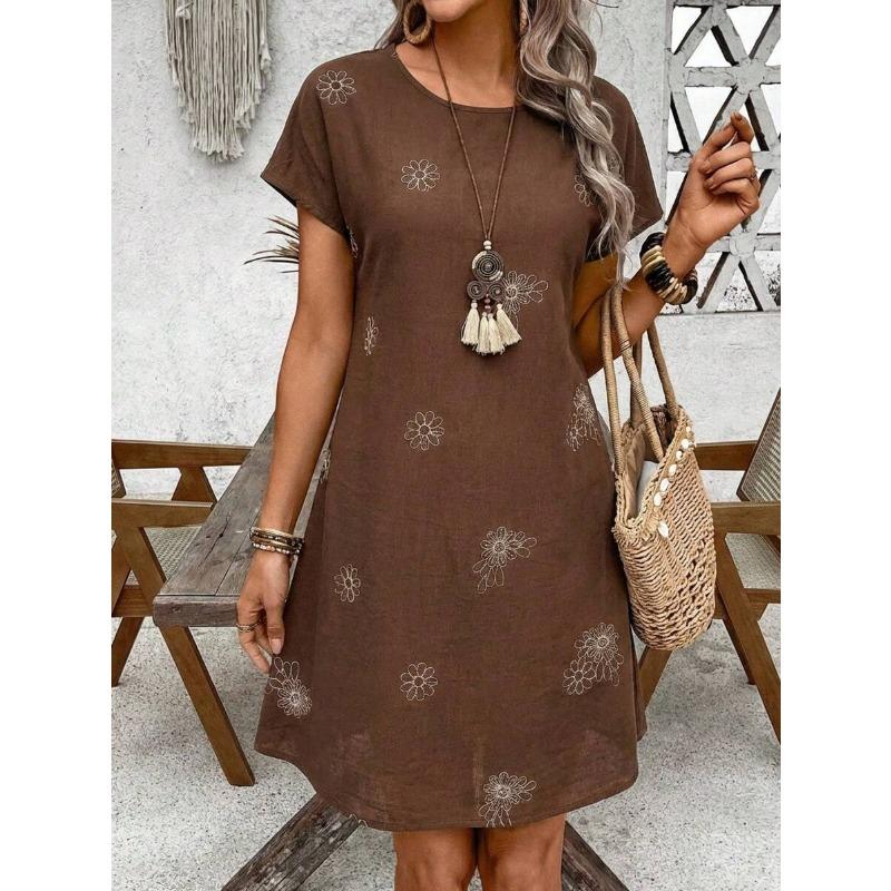 Women's Casual Geometric Print Short Sleeve A-Line Dress, Summer Boho Style
