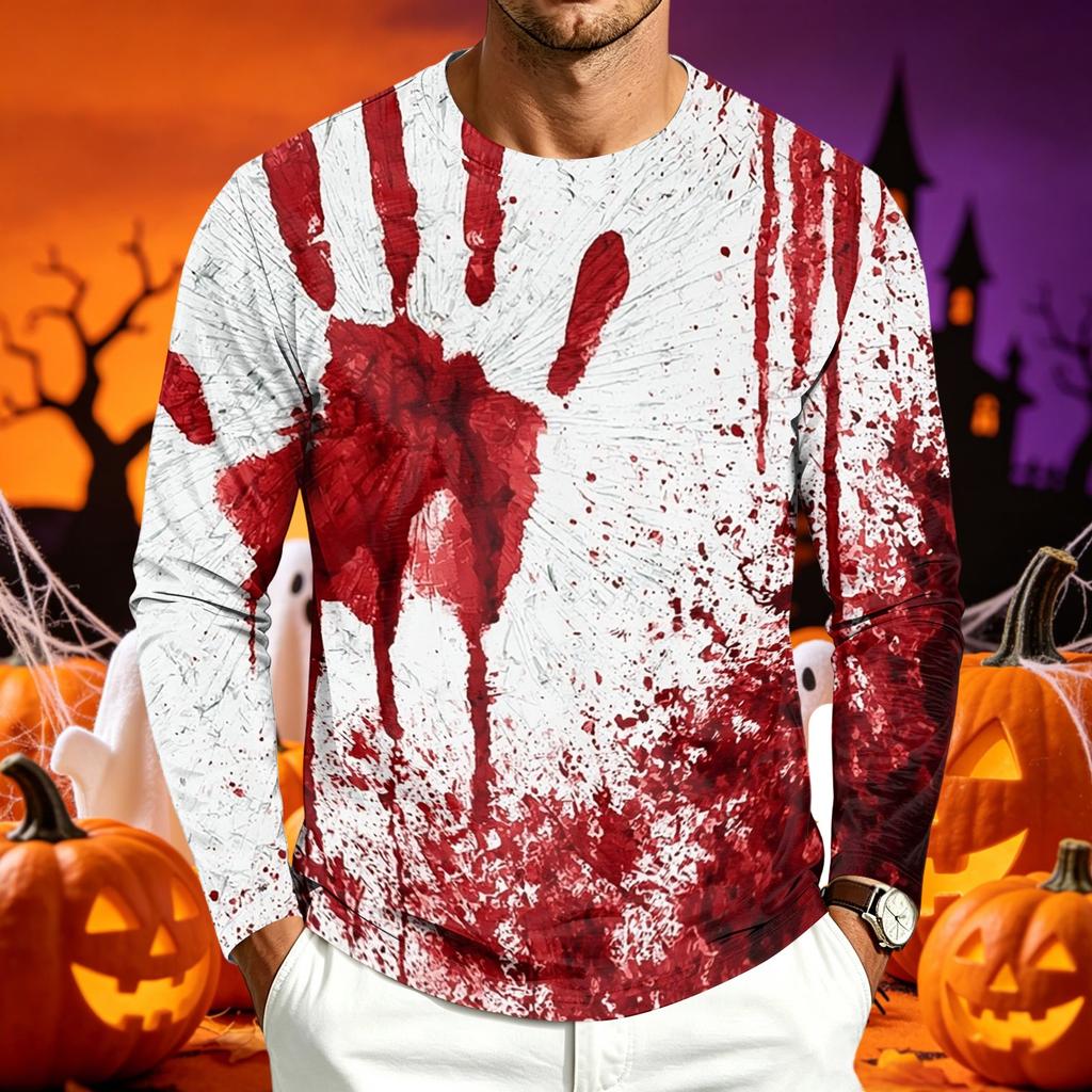 Men's Casual Long Sleeve Halloween Printed T-Shirt for Everyday Wear