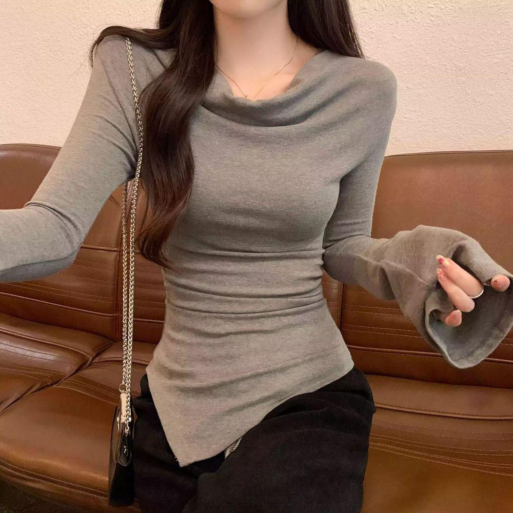 Chic Slanted Shoulder Pullover Slim Fit T Shirts Women Y2k Comfortable Long Sleeve T-shirt  Female