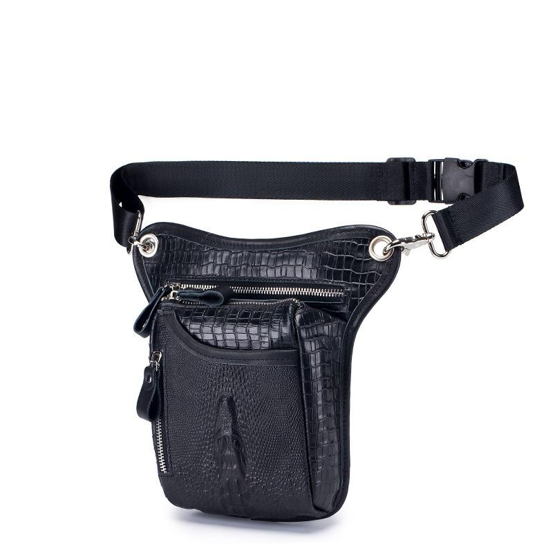 Men Vintage Crocodile Grain Top Grain Genuine Leather Motorcycle Thigh Leg Bag Multifunctional Waist Hip Fanny Pack For Riding