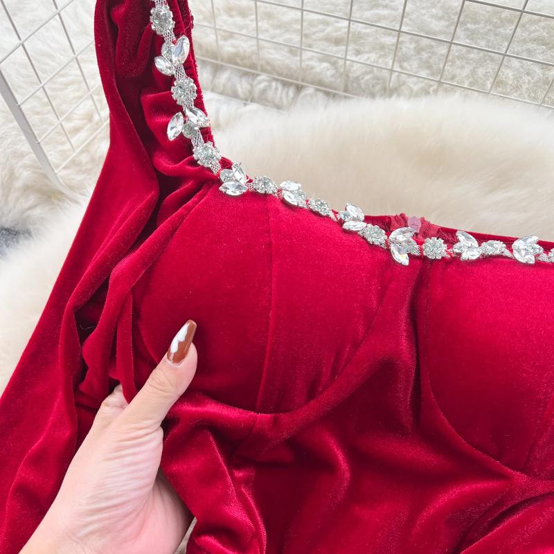 Elegant Square Neck Velvet Split Dress Women Solid Long Sleeve Chic Vintage Clothes Female Korean Fashion Ceremonial Midi Dresses 2024