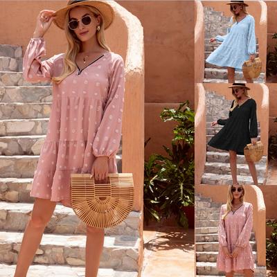 Women's Mini Dress Long Sleeve Swiss Dot Dress V Neck Zipper Casual Pleated Flared A Line Swing Dress