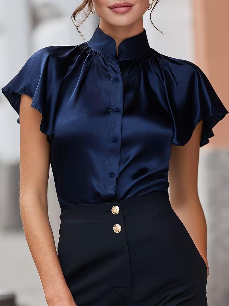 Womens Satin Stand Collar Ruffle Short Sleeve Blouse S темно-синий