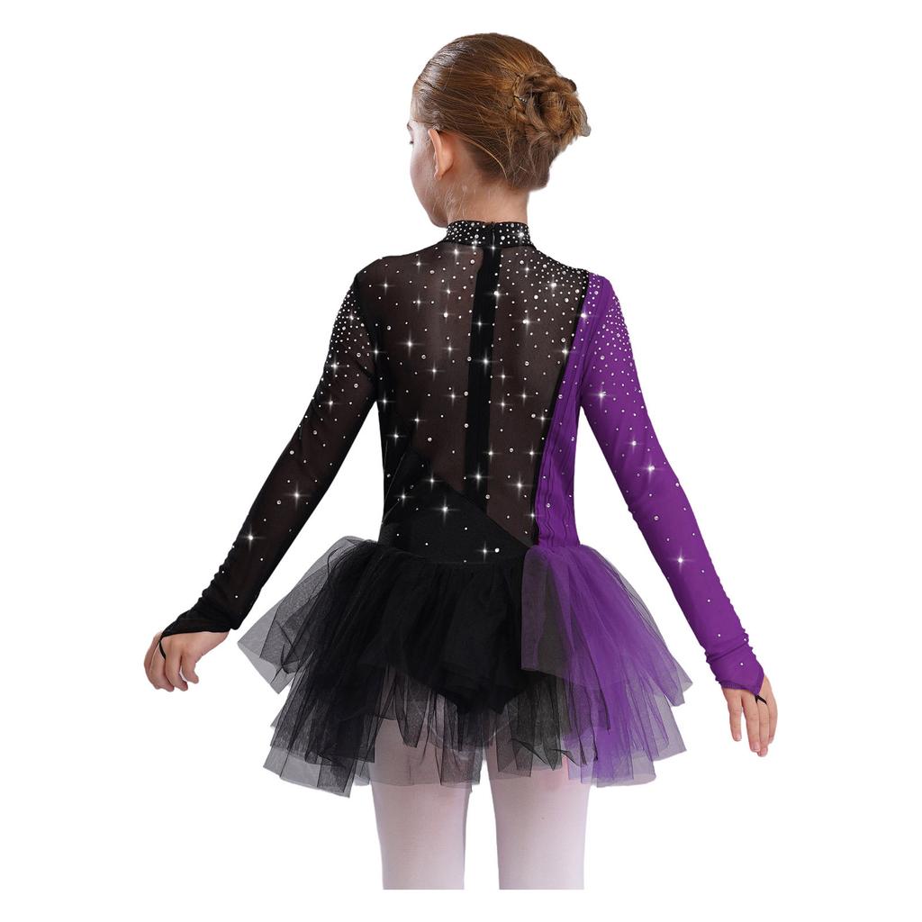 Girls Figure Skating Dress Long Sleeve Sparkling Rhinestones Color Block Patchwork Stage Performance Costume