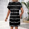 Damenmode Gestreifter Druck V-Ausschnitt Kurzarm Tasche Lässiges Pulloverkleid